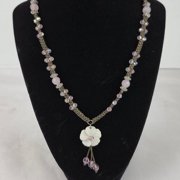Cookie Lee Floral Pink Glass Beads Lotus Flower Macrame Necklace Adjustable - Picture 1 of 16